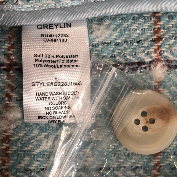 NWT Greylin Sammy Puff Sleeve Shacket Powder Blue Check Print Size L Wool Blend - Picture 13 of 16